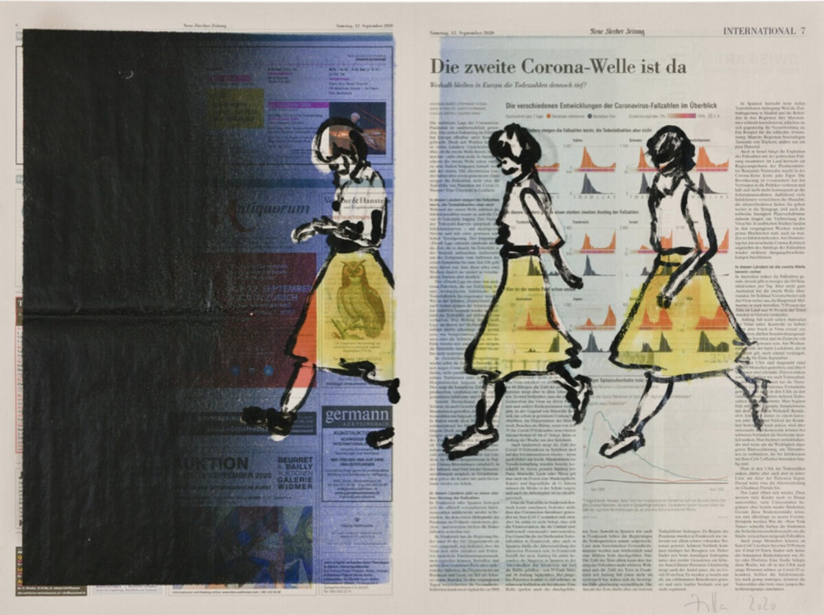 LEUTE24663. 12. Sept. 2020 (Die zweite Welle), 2020, Oil on newspaper (monotype), 56 x 72.5 cm