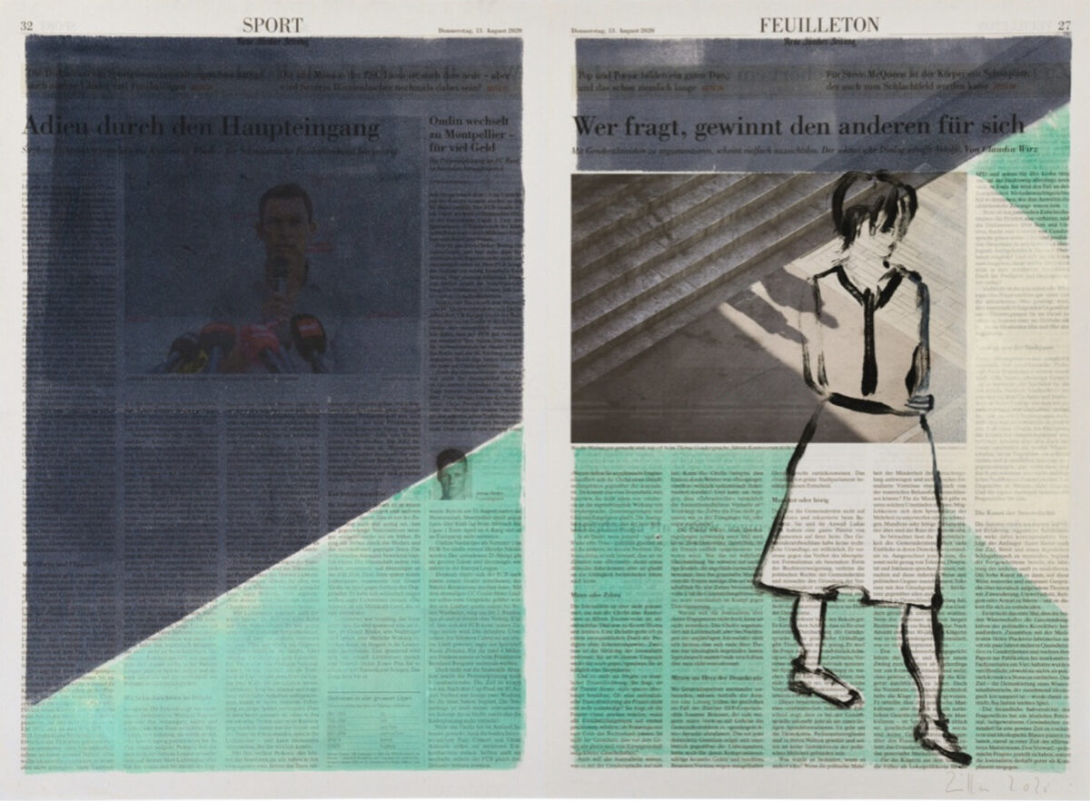 LEUTE24377. 13. August 2020 (Wer fragt, gewinnt), 2020, Oil on newspaper (monotype), 46.5 x 63 cm