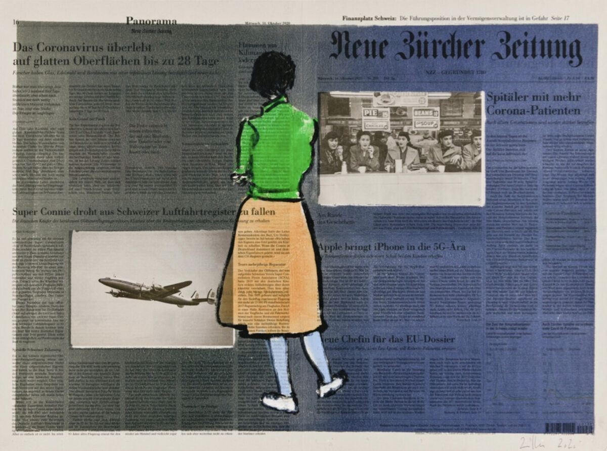 LEUTE24664. 14. Okt. 2020 (Im Museum), 2020, Oil on newspaper (monotype), 56 x 72.5 cm